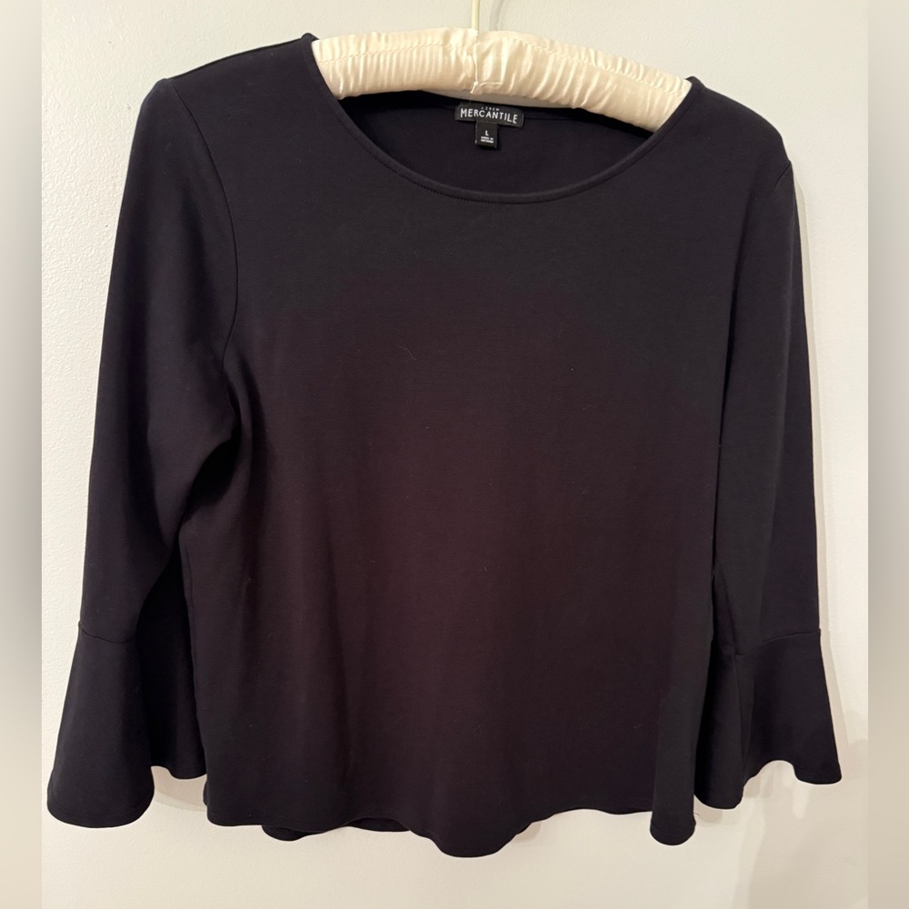 J.Crew Top Mercantile Black 100% Cotton Bell Sleeve Top Size L